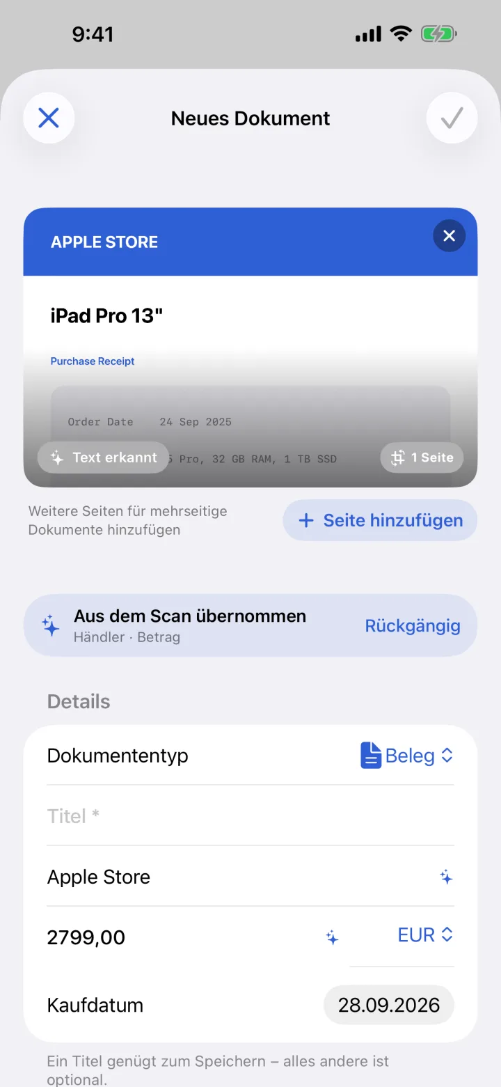 Neues Dokument mit automatisch übernommenen Angaben aus dem Scan