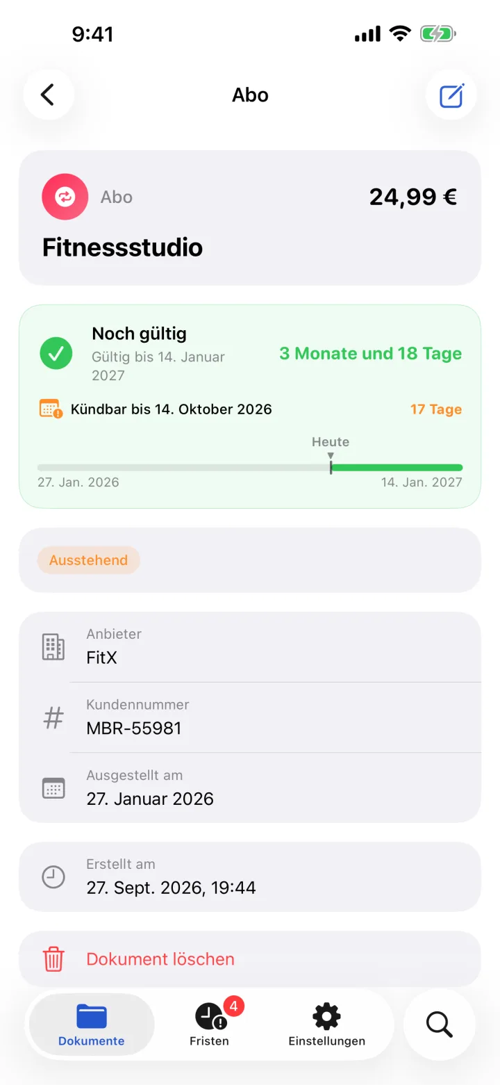 Vertragsdetail mit Kündigungsfrist und Zeitleiste