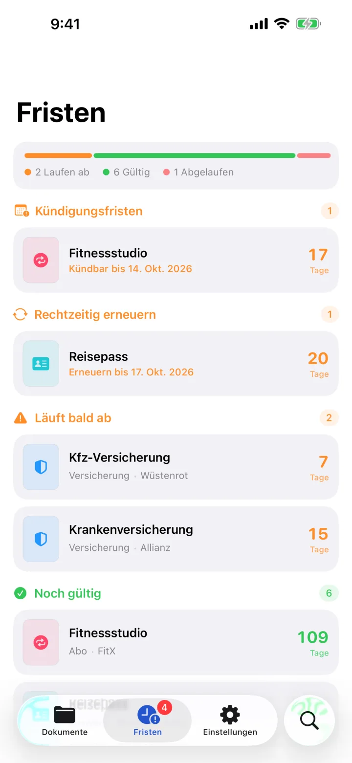 Fristen-Übersicht mit Kündigungsfristen und Ablaufdaten