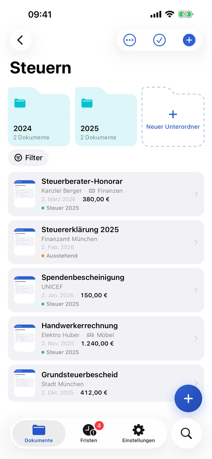 Ordner Steuern mit den Unterordnern 2024 und 2025 und seinen Dokumenten