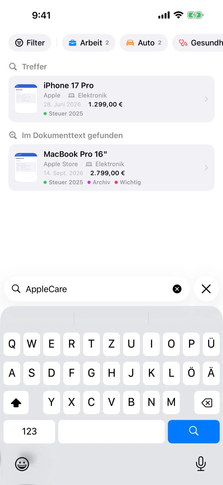Suche findet Dokumente über den erkannten Text
