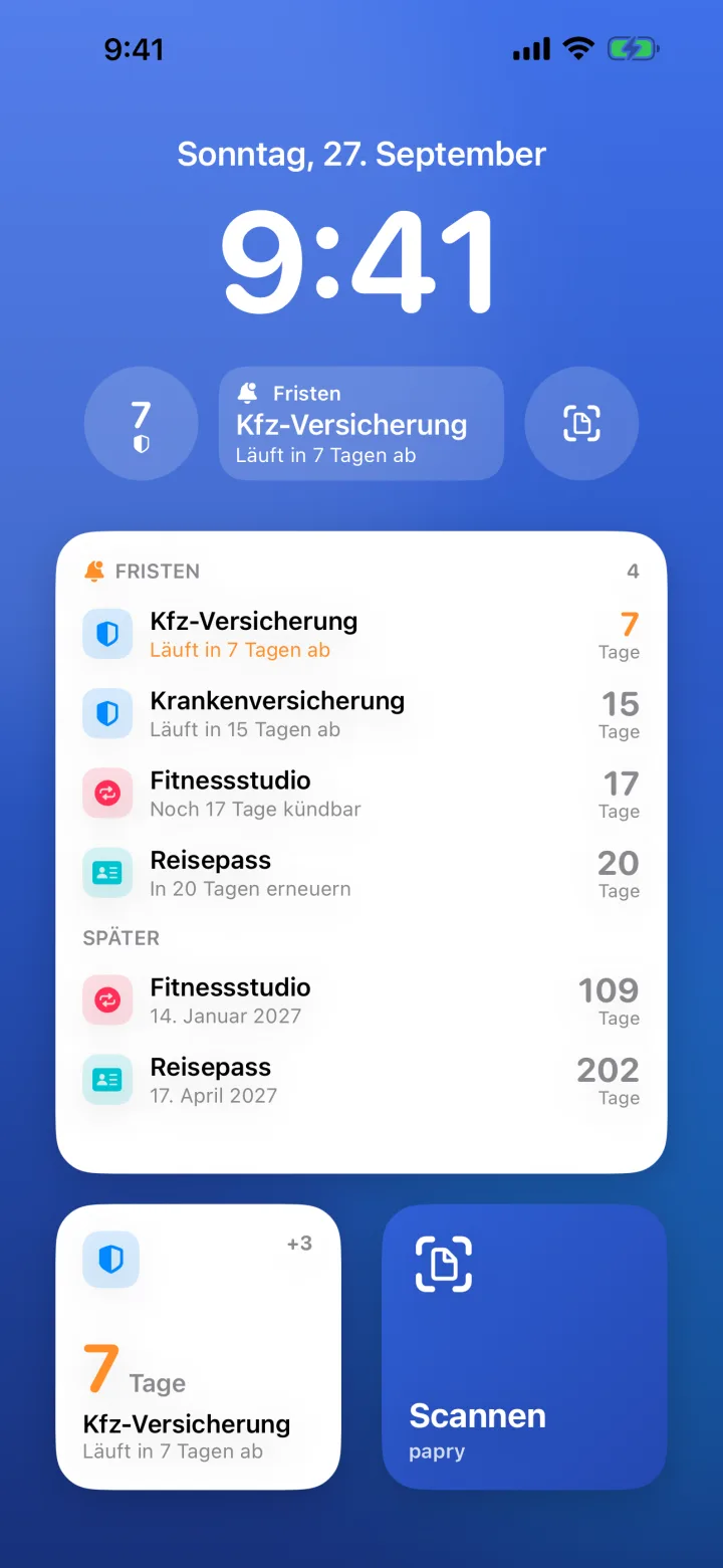 Fristen- und Scan-Widgets auf dem Home-Bildschirm